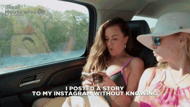 two women in a car with real housewives written on the bottom