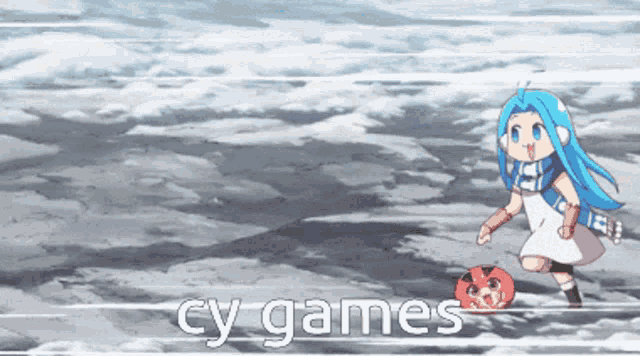 a girl with blue hair is playing a video game with the words cy games below her