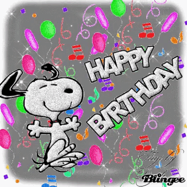 a happy birthday card with snoopy surrounded by balloons and confetti