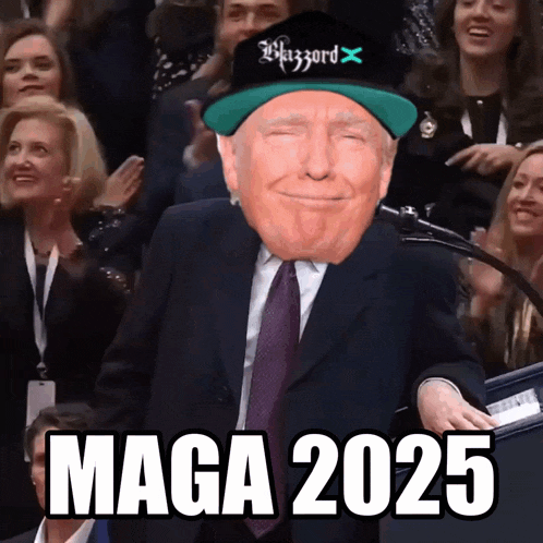 a man in a suit and tie wearing a blizzard hat says maga 2025