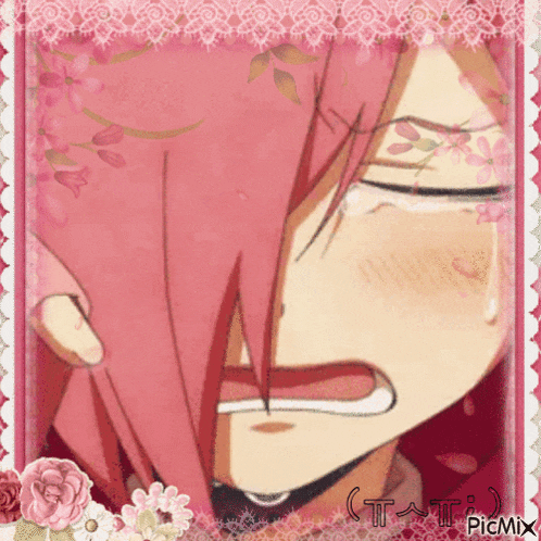 a picture of a girl with pink hair crying with picmix in the bottom right corner