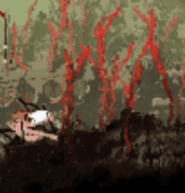 a pixelated image of a forest with red trees