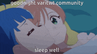 a couple of anime characters laying next to each other with the words goodnight varitwt community sleep well below them
