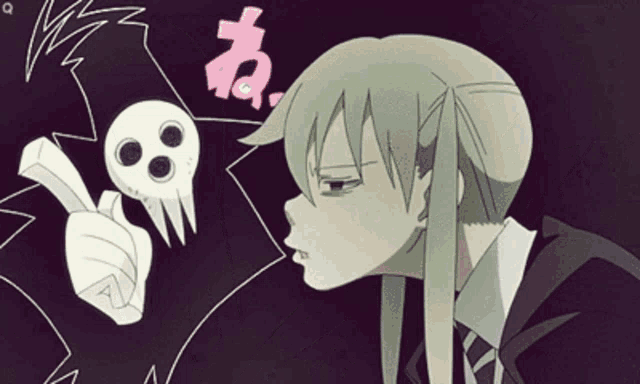a cartoon character standing next to a giant skull with purple eyes
