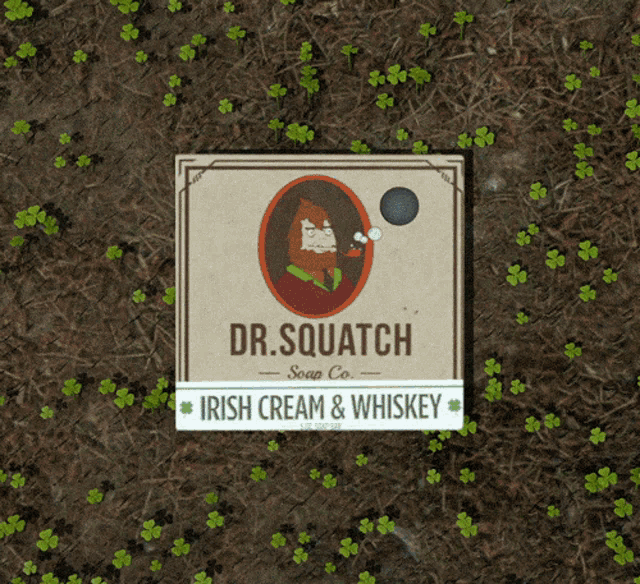 a sign that says dr squatch soap co. irish cream and whiskey