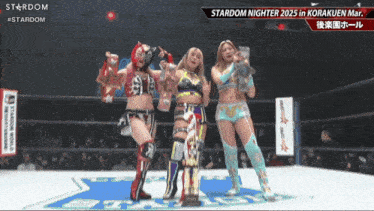 three women in a wrestling ring with the words stardom on the bottom right