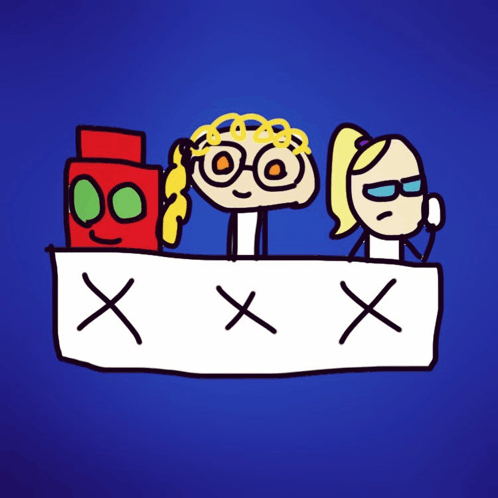 a cartoon drawing of three people sitting at a table with x 's on it