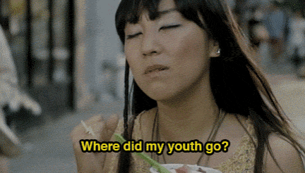 a woman is eating ice cream and asking where did my youth go