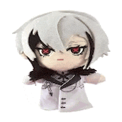 a stuffed toy of a girl with white hair and red eyes is sitting on a white surface .