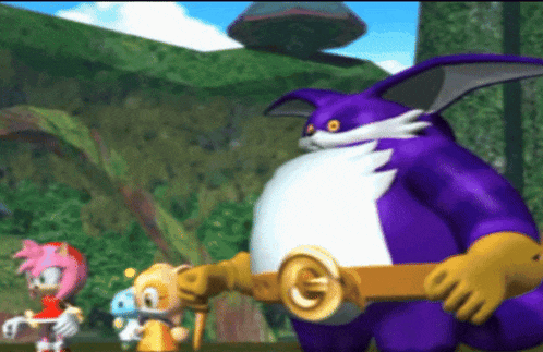 a group of cartoon characters are standing around a purple rabbit