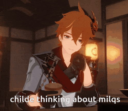 a cartoon character with the words childe thinking about milqs above him