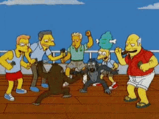 a group of simpsons characters are dancing on a boat