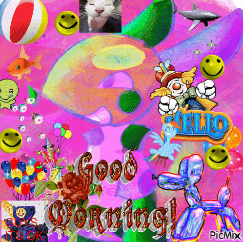 a colorful collage with the words good morning and hello