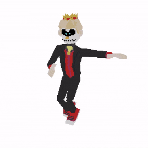 a pixel art of a skeleton wearing a suit and tie with a crown on his head