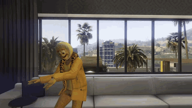 a man in a yellow jacket is standing in front of a window