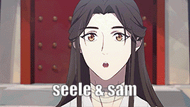 a woman with long hair is standing in front of a red door with the words seele & sam written on the bottom .