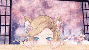 a girl with cat ears and flowers in her hair is peeking over a wooden table
