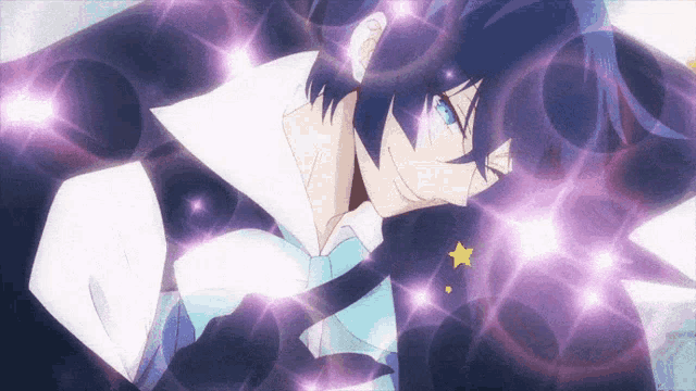 a man with blue hair and a white shirt is surrounded by purple lights and stars .