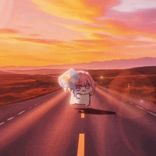 a cartoon character is walking down a road with a sunset in the background