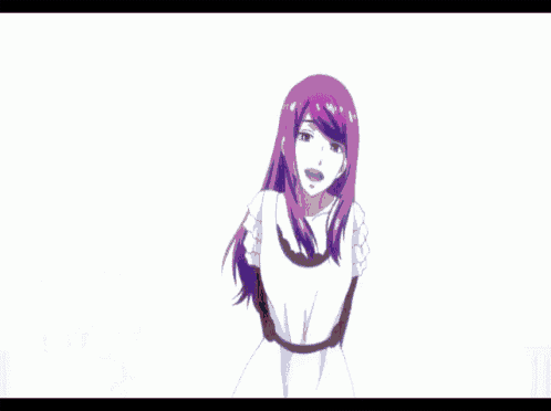 a girl with purple hair is touching a boy 's face
