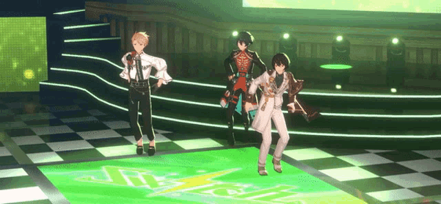 a group of anime characters are dancing on a stage with a lightning bolt on it