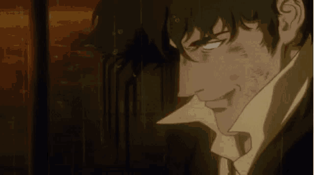 a close up of a man 's face in a cowboy bebop anime scene .