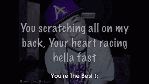 a man wearing a purple hat says " you scratching all on my back your heart racing hella fast "
