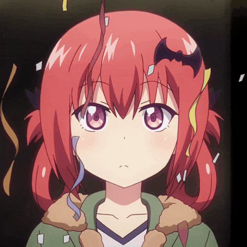 a red haired anime girl with a bat on her head