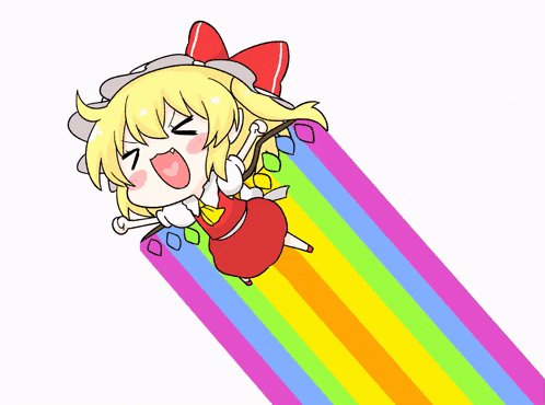 a cartoon of a girl flying through a rainbow with her eyes closed