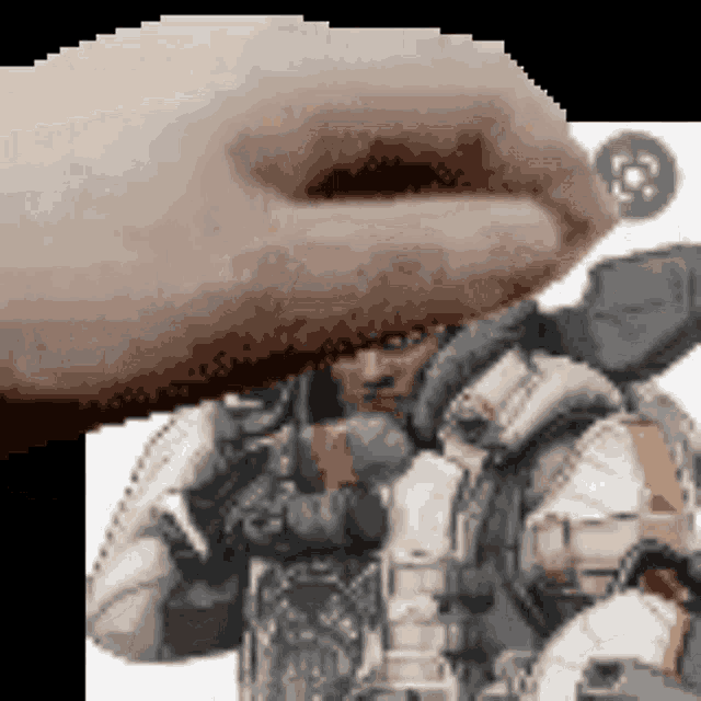 a pixel art of a hand holding a soldier 's arm