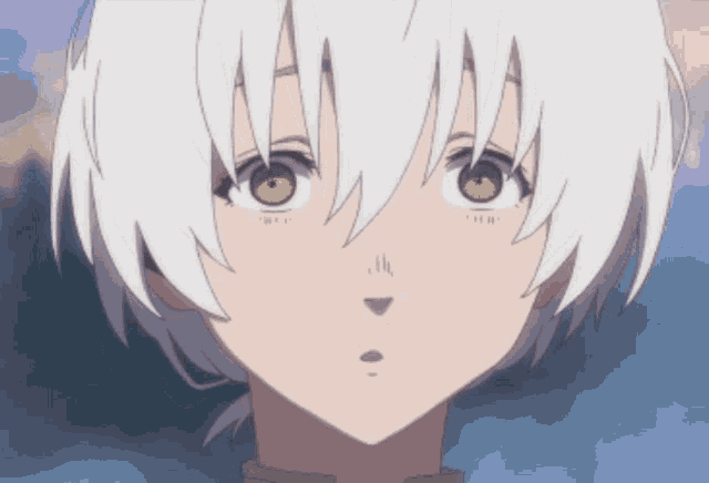 a close up of a person 's face with white hair