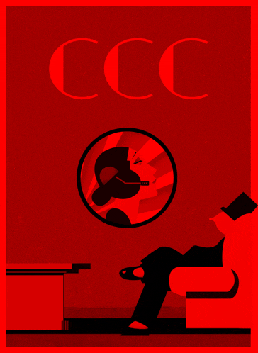 a red poster with the letters ccc and a woman smoking a cigarette