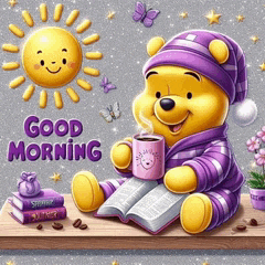 a cartoon of winnie the pooh sitting on a shelf reading a book