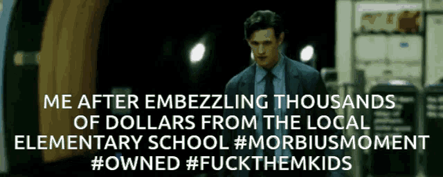 a man in a suit and tie is standing in front of a sign that says me after embezzling thousands of dollars