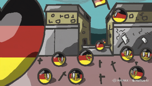 a cartoon drawing of a german town with a few buildings and a flag