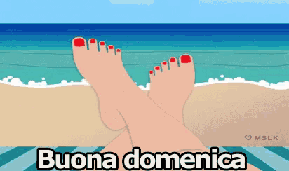a woman laying on a beach with her feet crossed and the words buona domenica written below her