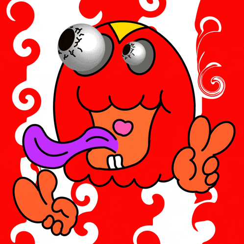 a cartoon character with a big eye and a purple tongue sticking out