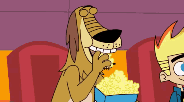 a cartoon dog eating popcorn next to a cartoon boy