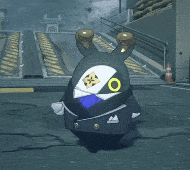 a cartoon character in a suit with a blue circle in the middle
