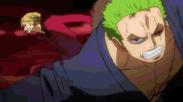 a cartoon character with green hair is standing next to another character