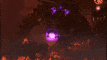 a purple glowing object is surrounded by flames