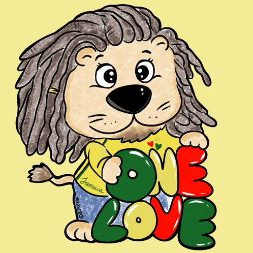a cartoon of a lion with dreadlocks and the word love