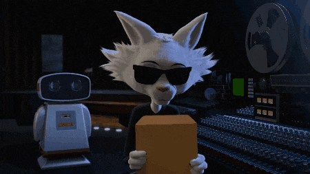 a cartoon cat wearing sunglasses is holding a box in front of a robot