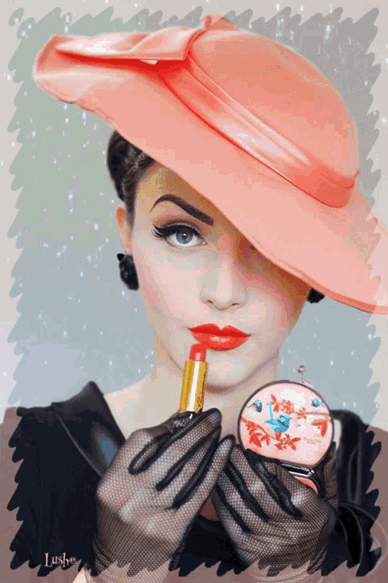 a woman wearing a pink hat and gloves is applying lipstick