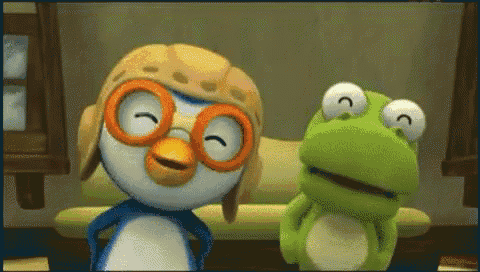 a cartoon penguin and frog are standing next to each other on a couch