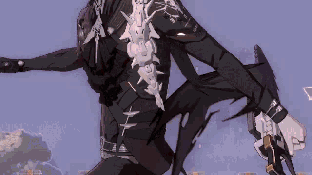 a close up of a person holding a gun and a sword