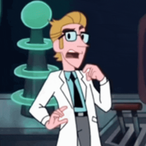 a cartoon character with glasses and a white coat