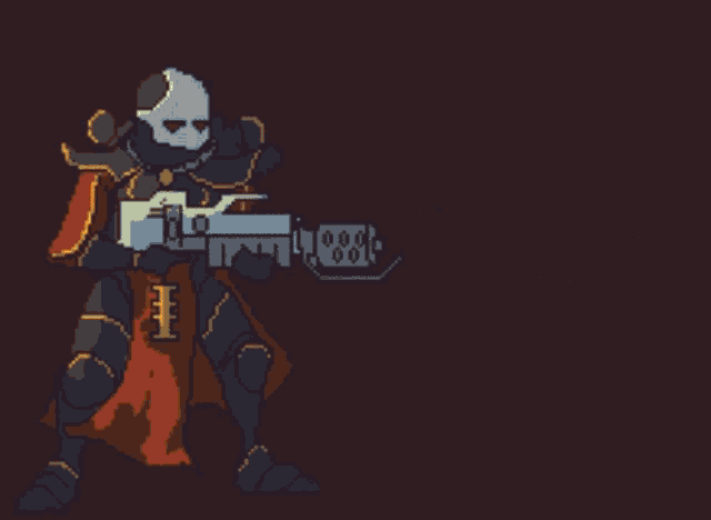 a pixel art drawing of a knight holding a gun with the letter i on it