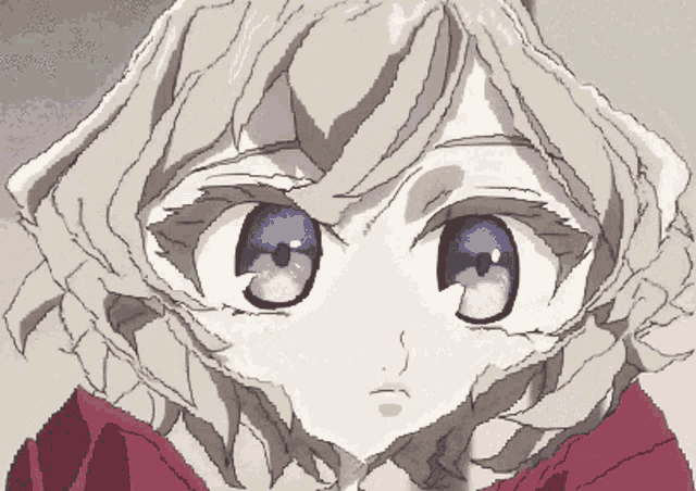a drawing of a girl with purple eyes