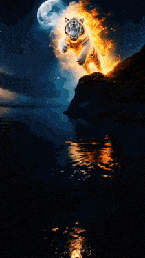 a tiger is jumping over a body of water with a lightning bolt in the background